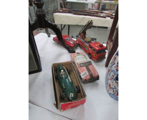 2 tinplate American cars, a fire engine and a Tri-ang Minic Vanwall