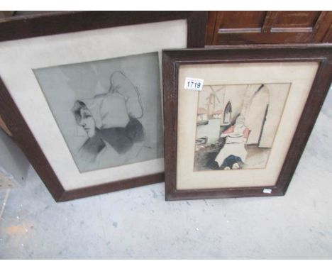 A fine Dutch charcoal portrait and a Dutch watercolour signed Minnie Appleyard