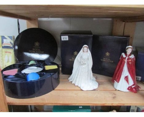 A boxed Royal Worcester coffee set in celebration of the Queens 80th Birthday together with Royal Worcester wedding and coron
