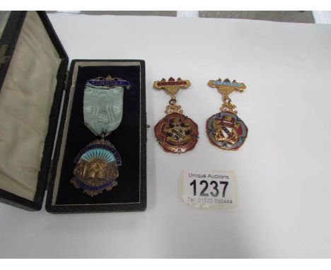 2 Masonic plated and enamel medals and a silver Lodge sincerity medal No.17