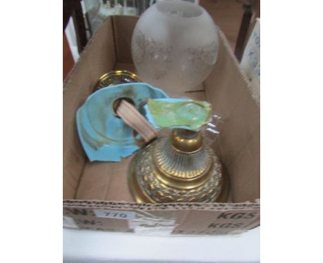 A Victorian oil lamp with brass base and complete with etched shade, a/f