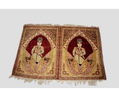 Pair of Ravar Kerman portrait rugs as one rug (i.e. uncut) depicting Ahmad Shah(?), south east Persia, early 20th century, 2f