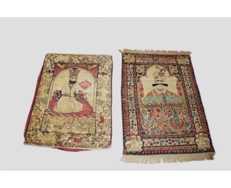 Two Ravar Kerman portrait rugs depicting Shah Abbas, south west Persia, the first, early 20th century. 2ft. 9in. X 2ft. 0.84m