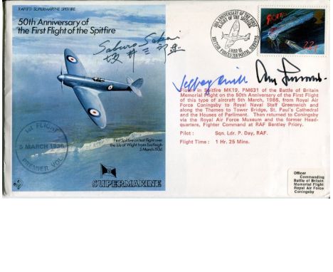 ACES MULTI SIGNED: 50th anniversary of the first flight of the Spitfire cover signed by Spitfire test pilot Jeffrey Quill, Ge