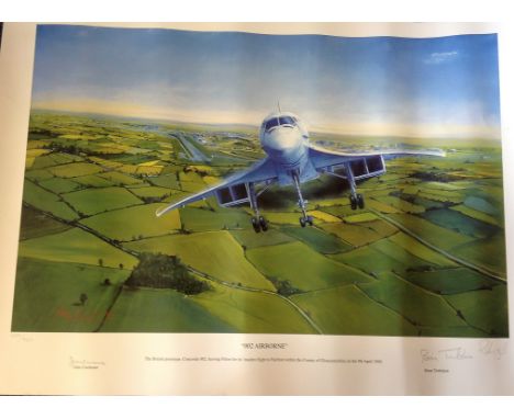 Concorde A colour 23 x 16. 5 print entitled 002 Airborne by artist Roy Layzell, the image depicting the British prototype, Co
