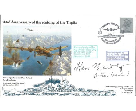 World War Two 43rd Anniversary of the sinking of the Tirpitz flown FDC signed by AJ Arthur Ward DFC W OP Taits crew Tirpitz r