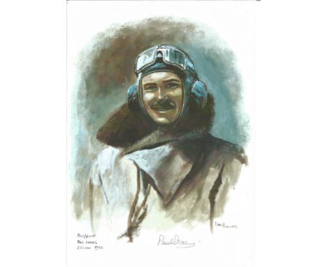 Sgt Plt Paul Farnes WW2 RAF Battle of Britain Pilot signed colour print 12 x 8 inch signed in Pencil. Image of him in flying 