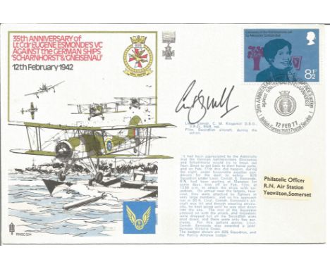 Fleet Air Arm flown cover signed by Lt. Cdr. Charles M. Kingsmill DSO, VRD Sub. -Lt. No. 825 Sqn., pilot Swordfish W5907 L. R