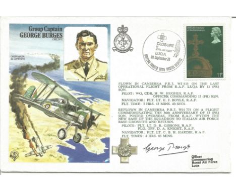 World War Two flown cover signed by Grp. Capt. George Burges OBE, DFC. RAFM HA28. Cover dedicated to Grp. Capt. George Burges