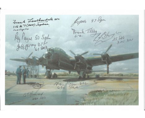 World War Two 8x5 Lancaster colour print signed by 8 Bomber command veterans W/O Jim Copus 97 Sqd, W/O Jeff Gray DFM 61 Sqd, 