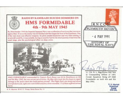 Royal Air Force cover signed by Lt. Cdr. Richard L. Bigg-Wither DSC* CO No. 1841 Corsair Squadron, HMS Formidable. R. N. Marr