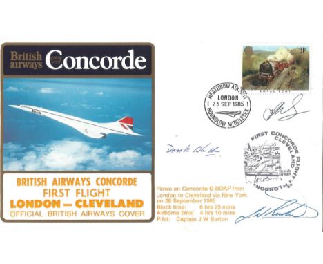 Concorde London to Cleveland first flight signed flown cover, PM Heathrow 26th Sept 1985. G-BOAF, Signed Capt. J. Burton, SFO