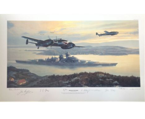 World war 2 aviation print. 27x16 Coloured print Bismarck into battle by the artist Mark Postlethwaite. As Bismarck leaves Gr