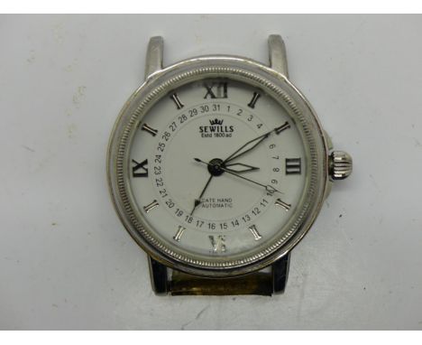 Sewills automatic date hand gents wristwatch head, working at lotting up. UK P&amp;P Group 1 (£16+VAT for the first lot and £