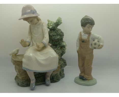 Nao figurine of a girl with pigeon and a boy, no chips or cracks, H: 22cm. UK P&amp;P Group 2 (£20+VAT for the first lot and 