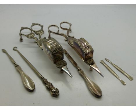 Two silver plated candle snuffers together with some hallmarked silver handled items. UK P&amp;P Group 2 (£20+VAT for the fir