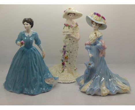 Three Coalport figurines, no cracks or chips, largest H: 22 cm. UK P&amp;P Group 3 (£30+VAT for the first lot and £8+VAT for 