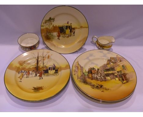 Mixed Royal Doulton series ware in the Coaching pattern, some wear to edges, largest D: 26 cm. UK P&amp;P Group 3 (£30+VAT fo