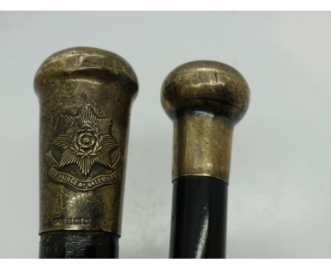 Two hallmarked silver topped canes including a Prince of Wales Own Regiment example, largest L: 91 cm. UK P&amp;P Group 3 (£3