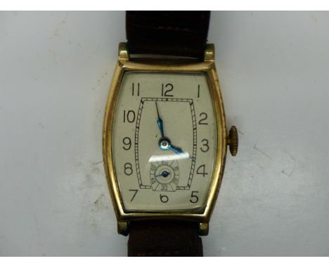 Gents Swiss made 15 jewel wristwatch in a gold filled case with subsidiary seconds dial on a brown leather strap, not working