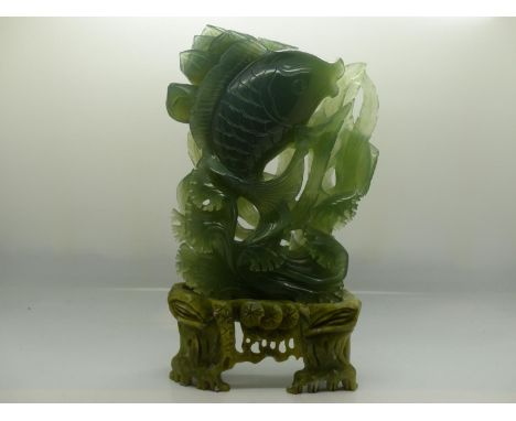 Chinese Xiuyan carved jade fish, H: 26 cm. UK P&amp;P Group 3 (£30+VAT for the first lot and £8+VAT for subsequent lots) 