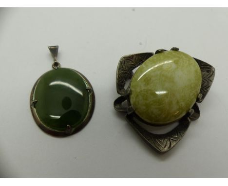 Miracle stone set brooch with a jade pendant in a silver mount, largest H: 40 mm. UK P&amp;P Group 0 (£6+VAT for the first lo