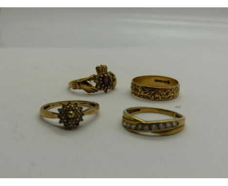 Four 9ct gold rings, three stone set, two with stones missing, various sizes, combined 6.8g. UK P&amp;P Group 0 (£6+VAT for t
