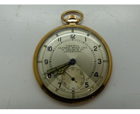 PREMIA: Alfred Wolf Ltd Liverpool 9ct gold cased crown wind pocket watch, working at lotting. UK P&amp;P Group 1 (£16+VAT for