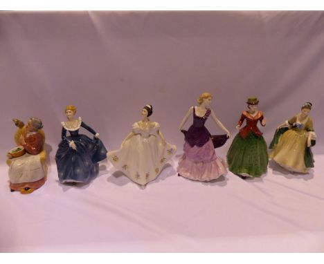 Six Royal Doulton figurines, all first quality other than Eleanor, no chips or cracks, largest H: 21 cm. UK P&amp;P Group 3 (