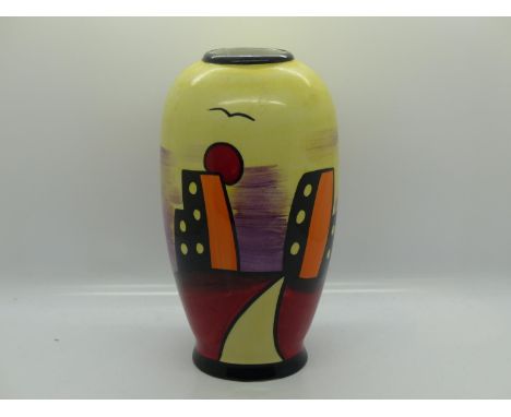 Lorna Bailey vase in the Manhattan pattern, H: 22 cm, small scrapes to rim. UK P&amp;P Group 3 (£30+VAT for the first lot and