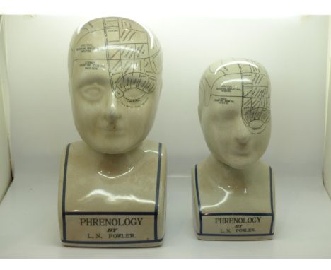 Two ceramic Phrenology heads, no cracks or chips, largest H: 31 cm. UK P&amp;P Group 3 (£30+VAT for the first lot and £8+VAT 