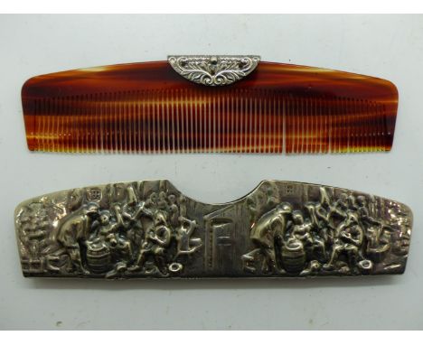 Dutch silver comb holder, with bakelite comb, L: 13 cm. UK P&amp;P Group 1 (£16+VAT for the first lot and £2+VAT for subseque