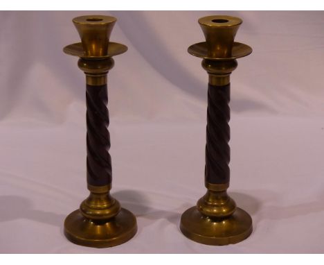 Pair of brass and turned wooden candlesticks, H: 31 cm. UK P&amp;P Group 3 (£30+VAT for the first lot and £8+VAT for subseque