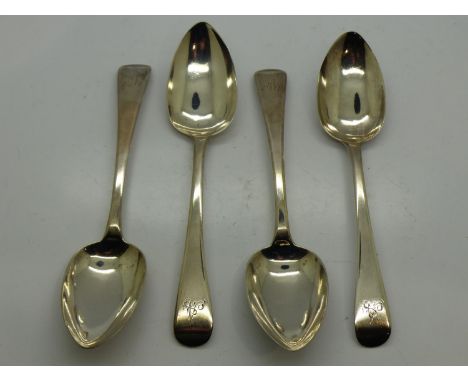 Four Georgian hallmarked silver spoons, engraved with initial A, London assay, 132g. UK P&amp;P Group 1 (£16+VAT for the firs