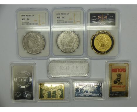 Mixed world coins slabbed with fantasy bar specimens. UK P&amp;P Group 1 (£16+VAT for the first lot and £2+VAT for subsequent