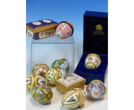 A COLLECTION OF SEVENTEEN HALCYON DAYS AND OTHER ENAMEL EASTER EGGS TOGETHER WITH SEVEN VARIOUS BOXES, THE LARGEST.   W 7.5cm
