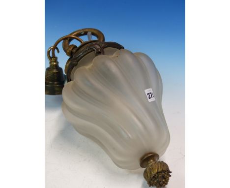 A BRONZE MOUNTED FROSTED GLASS LANTERN, THE SINUOUSLY RIBBED PEAR SHAPE WITH ORMOLU FRUITING BODY PENDANT.   H 38cms.