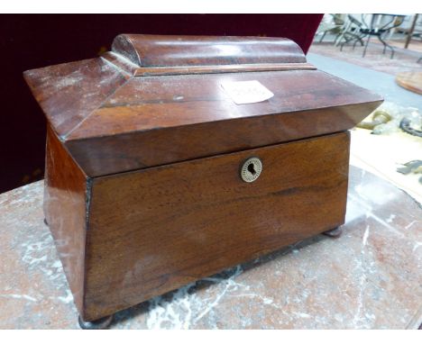 A VICTORIAN BRASS CORNERED WALNUT WRITING SLOPE.   W 50cms. TOGETHER WITH A ROSEWOOD TWO COMPARTMENT SARCOPHAGUS TEA CADDY.  