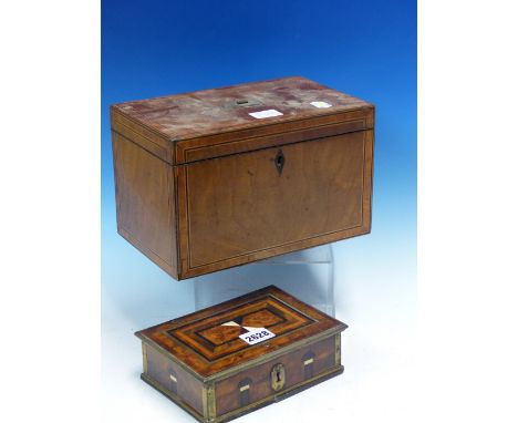 A BRASS EDGED BOX INLAID IN YEW, EBONY AND OTHER WOODS ABOUT TRIANGLES OF BONE.  W 18cms.  TOGETHER WITH A MAHOGANY TWO COMPA