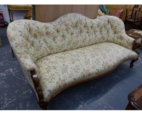 A VICTORIAN WALNUT SHOW FRAME AND BUTTON UPHOLSTERED LARGE SALON SETTEE.    W.190cms.