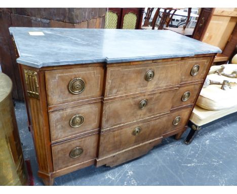 AN ANTIQUE INLAID MAHOGANY CONTINENTAL MARBLE TOP COMMODE, NEOCLASSICAL STYLE ADAPTED INTERIOR.  H. 91 x W. 134 x D. 61cms.