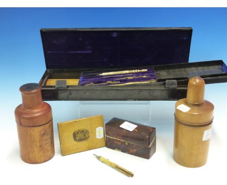 A BLACK METAL CASED GEOMETRY SET LARGELY LABELLED FOR ELLIOTT BROS, THE CASE.   W 33cms. A NEST OF BRONZE CUP WEIGHTS, TWO TR