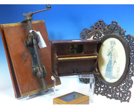A DOWNIES PATENT MAHOGANY BOOK PRESS, A COLLECTORS BOX WITH SLIDE OFF LID.  W 40.5cms.  TWO OVAL FASHION PRINTS IN ELABORATEL