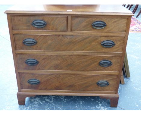 AN ANTIQUE AND LATER MAHOGANY SMALL CHEST OF TWO SHORT AND THREE LONG DRAWERS ON BRACKET FEET.   W.80 x D.41 x H.76cms.