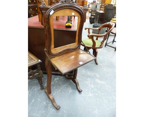 A 19th.C.OLIVE WOOD AND INLAID FIRESCREEN WITH FOLD DOWN WRITING SURFACE.
