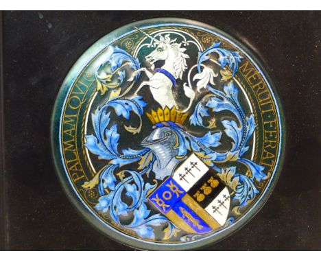H E SIMPSON, LEEDS, HIS 1912 ENAMEL ROUNDEL FOR THE ACHIEVEMENT OF ARMS OF S D KITSON ESQ.   WITHIN BLACK FRAME.   Dia. 14cms