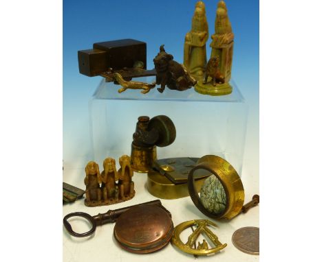 A  COLLECTION OF MISCELLANEA TO INCLUDE CHINESE SOAPSTONE SEALS, CORKSCREWS, COINS, MEDALLIONS, A SNUFF BOX AND PENKNIVES.