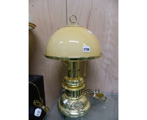 AN SS GRAND RIVER, ST LOUIS BRASS TABLE LAMP WITH DOMED OCHRE GLASS SHADE.   H 53cms.