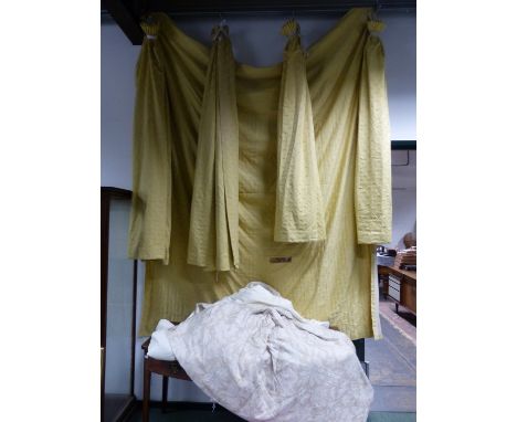 TWO PAIRS OF GOLD FLORAL PATTERN LINED CURTAINS WITH A LARGE MATCHING PANEL.  TOGETHER WITH A PAIR OF FLORAL PATTERN LINED AN