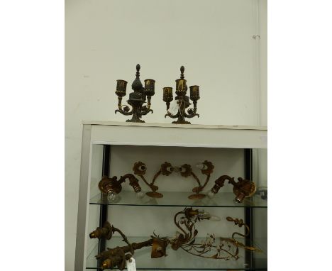 A COLLECTION OF VARIOUS GILT METAL AND BRONZE LIGHT FITTINGS, INCLUDING A PAIR OF THREE LIGHT CANDELABRA  H 30cms.  TOGETHER 